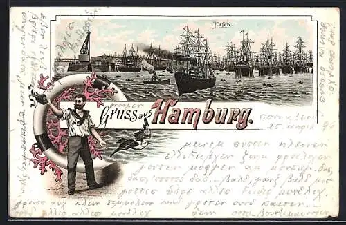 Lithographie Hamburg, Hafen und winkender Matrose