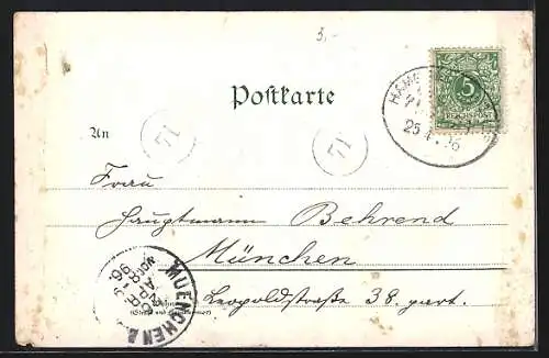 Lithographie Hamburg, Hafen und winkender Matrose