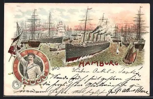 Lithographie Hamburg, Hafen und Matrose mit Flagge