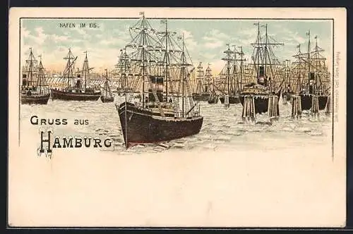 Lithographie Hamburg, Hafen im Eis