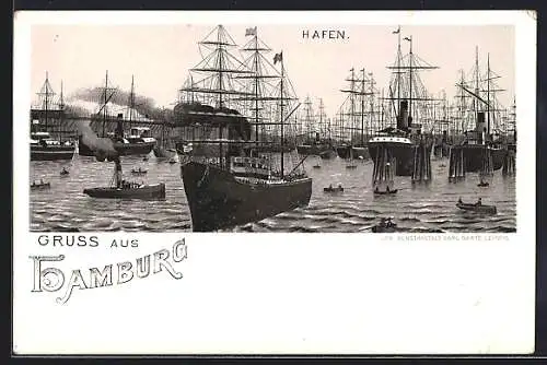 Lithographie Hamburg, Schiffe im Hafen