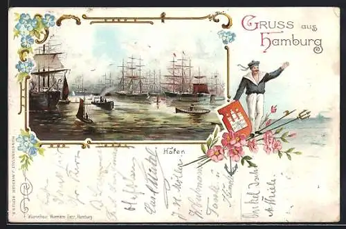 Lithographie Hamburg, Hafen und Matrose mit Wappen