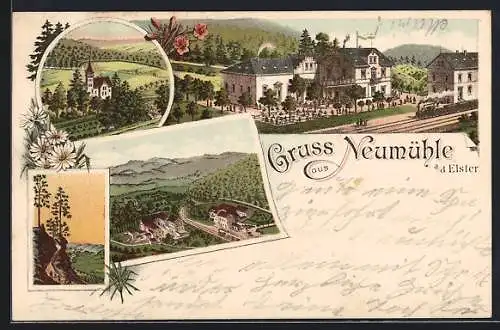 Lithographie Neumühle a. d. Elster, Hotel, Kirche, Teilansicht