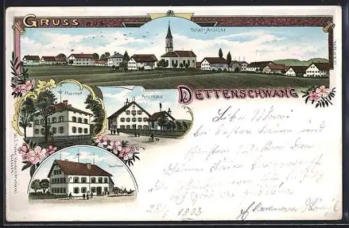 Lithographie Dettenschwang, Gasthaus, Pfarrhof, Forsthaus, Totalansicht