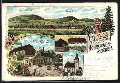 Lithographie Hohburg /Lossatal, Gasthof zur Hohburger-Schweiz, Schloss, Kirche