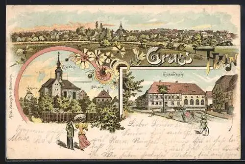 Lithographie Hain bei Kieritzsch, Gasthof, Pfarre, Kirche, Schule