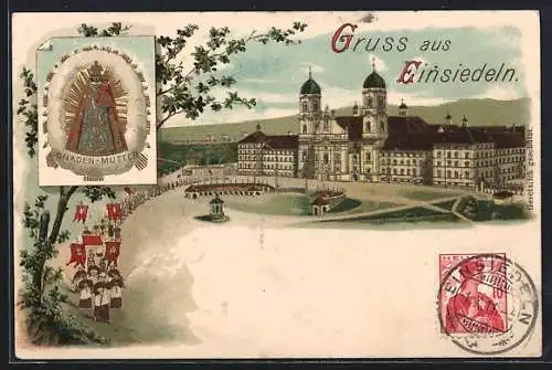 Lithographie Einsiedeln, Prozession vor dem Kloster, Gnaden-Mutter