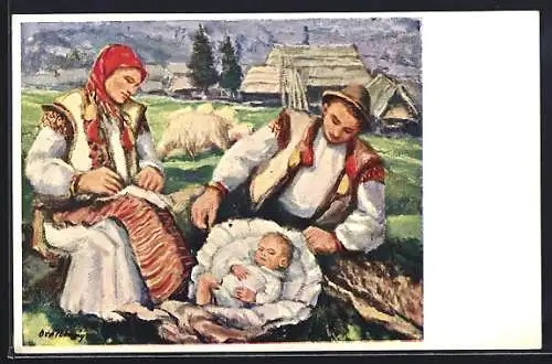 Künstler-AK Ora Pocorny: Podkarp. Rus, Huculska rodina, Ukrainische Familie mit Kleinkind