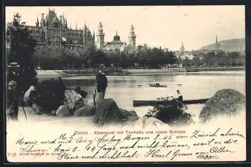 AK Zürich, Alpenquai mit Tonhalle und rotem Schloss, um 1900