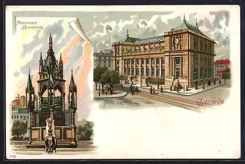 Lithographie Geneve, Monument Brunswic, Hotel des Postes