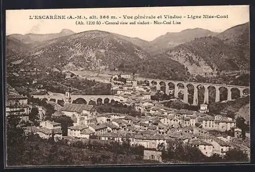 AK L`Escarene, Vue generale et Viaduc, Ligne Nice-Coni, General view and Viaduct, Nice-Coni Line