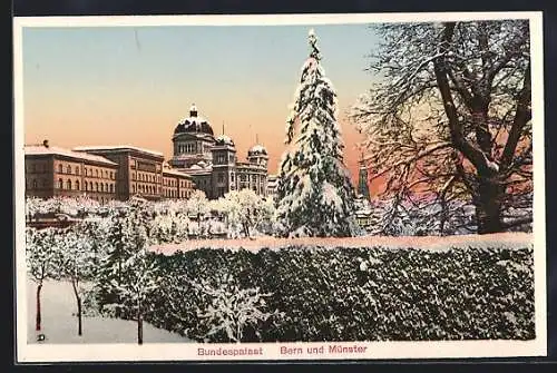 AK Bern, Bundespalast und Münster im Winter