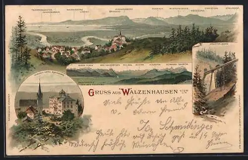 Lithographie Walzenhausen, Hoterl Rheinburg u. Kirche, Drahtseilbahn, Blick zum Ort mit Gebirgspanorama