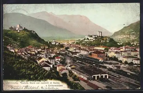 AK Bellinzona, Veduta Nord coi castelli di Svitto e Unterwalden, Bahnhof