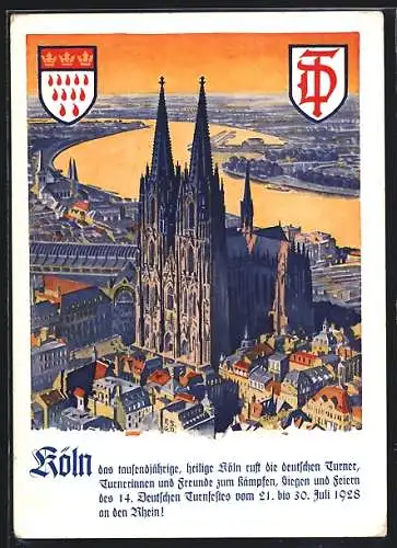 Künstler-AK Köln, 14. Deutsches Turnfest 1928, Teilansicht mit Dom im Abendlicht