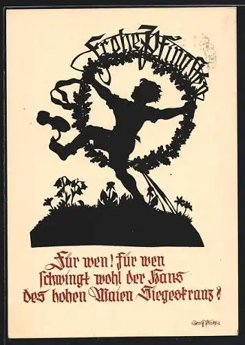 Künstler-AK Georg Plischke: Frohe Pfingsten, Junge mit grossem Siegeskranz auf einer Wiese, Scherenschnitt