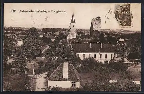 AK Salon-la-Tour, Vue générale avec église et vieille tour en arrière-plan