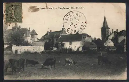 AK Lapleau, Côté Sud-Est avec troupeau de vaches et église en arrière-plan