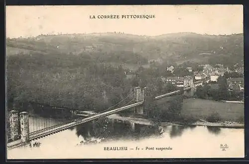 AK Beaulieu, Pont suspendu sur la rivière dans un paysage pittoresque de la Corrèze