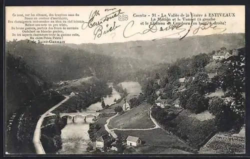 AK Estiveaux, Vallée de la Vézère avec le pont, la station et le tunnel à gauche