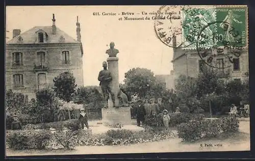 AK Brive, Un coin du Jardin Public et Monument du Colonel Géluin