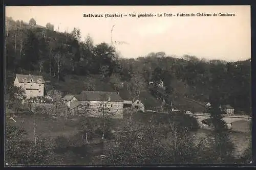 AK Estivaux, Vue générale avec le pont et ruines du Château de Comborn