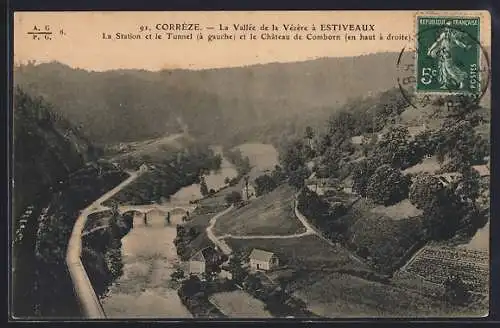 AK Estiveaux, La Vallée de la Vézère avec la station, le tunnel et le Château de Comborn