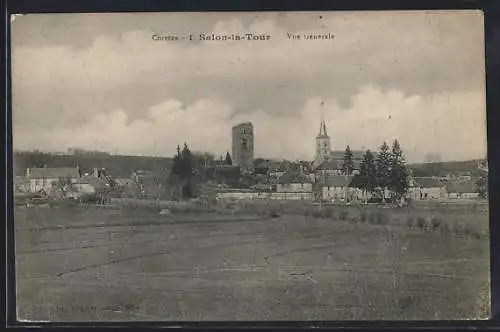 AK Salon-la-Tour, Vue générale du village avec tour et église en arrière-plan