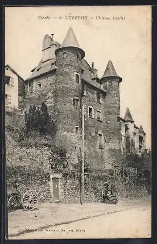 AK Uzerche, Château Pontier majestueux avec charrette devant