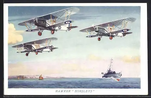 Künstler-AK Hawker Horsley`s abover the water, Doppeldecker-Flugzeuge