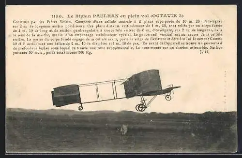 AK Le Biplan Paulhan en plein vol, Doppeldecker-Flugzeug