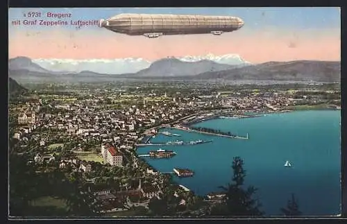 AK Bregenz, Graf Zeppelins Luftschiff über der Stadt, Hafen