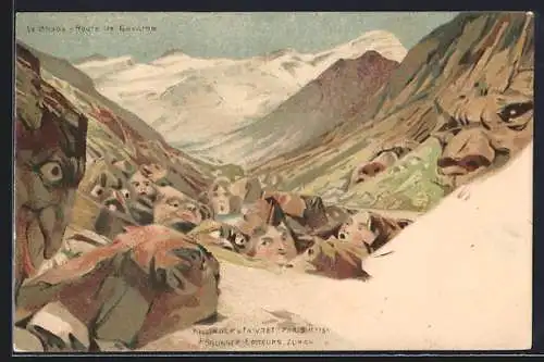 Lithographie Killinger Nr. 131: Le Chaos - Route de Gavarnie, Berg mit Gesicht / Berggesichter