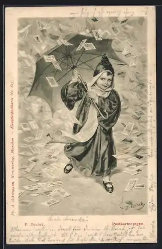 Künstler-AK Franz Doubek: Das Münchner Kindl im Postkartenregen