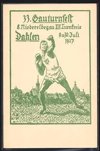 Künstler-AK Dahlen / Heide, 33. Gauturnfest, 8. Niederelbegau XIV. Turnkreis Dahlen, 9. und 10. Juli 1927, Kugelstosser