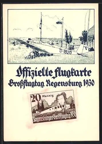 Künstler-AK Regensburg, Grossflugtag 1930, Eindecker-Flugzeug am Boden