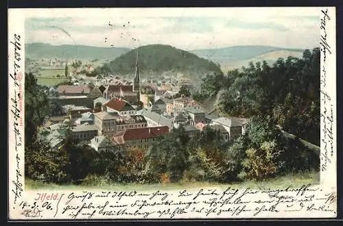 Künstler-AK Ilfeld / Harz, Blick von der Bergwiese auf den Ort