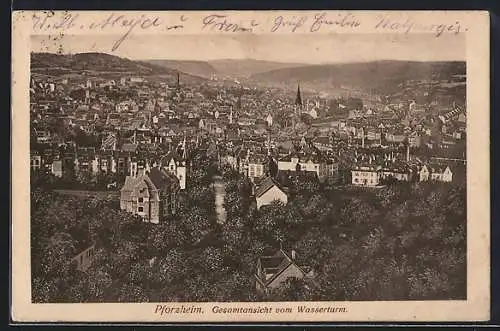 AK Pforzheim, Gesamtansicht vom Wasserturm