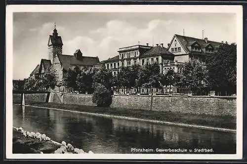 AK Pforzheim, Gewerbeschule und Stadtbad