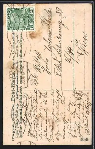 Präge-AK Amor bindet Herzen an eine Angel