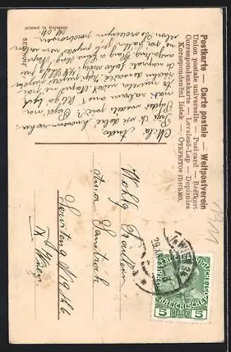 Präge-AK Neujahrsgruss, Kinder mit zerbrochener Leiter aus Blumen