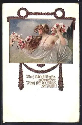 Künstler-AK W. Braun, Deutscher Schulverein Nr. 1077: Blonde Frau mit Blumen