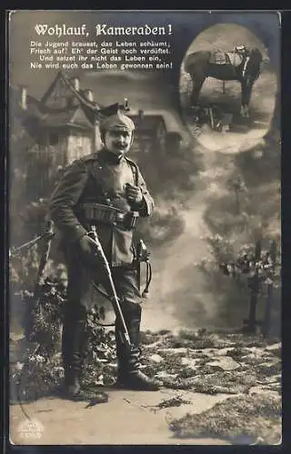 Foto-AK R & K / L Nr.8309/6: Soldat in Uniform und voller Ausrüstung an der Front