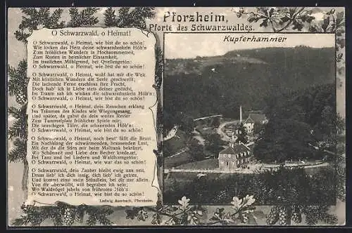 AK Pforzheim, Kupferhammer aus der Vogelschau, Gedicht O Schwarzwald,...