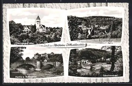 AK Pforzheim-Dillweissenstein, Nagoldbrücke, Schwimmbad, Teilansicht