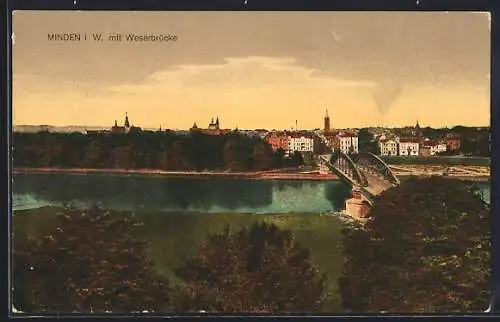 AK Minden i. W., Panorama mit Weserbrücke