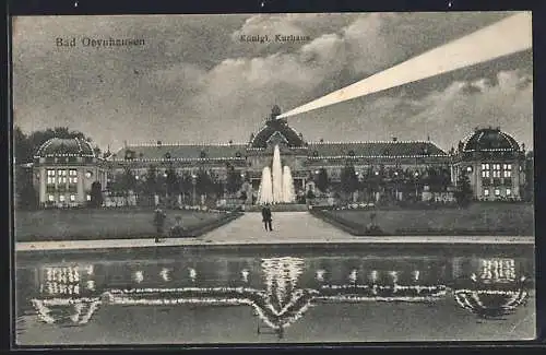 AK Bad Oeynhausen, Kgl. Kurhaus mit Scheinwerfer, Fontäne, Wasserbecken