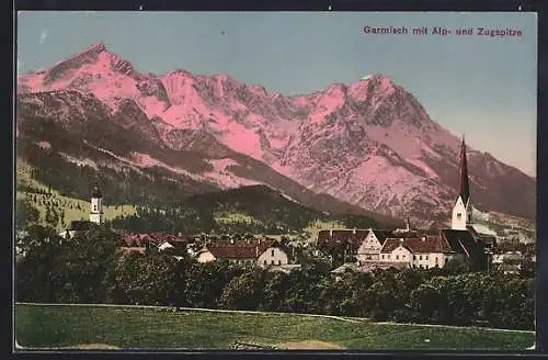 AK Garmisch, Ortsansicht mit Alp- und Zugspitze