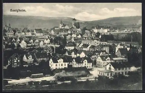 AK Besigheim, Ortsansicht mit Bahnhof aus der Vogelschau