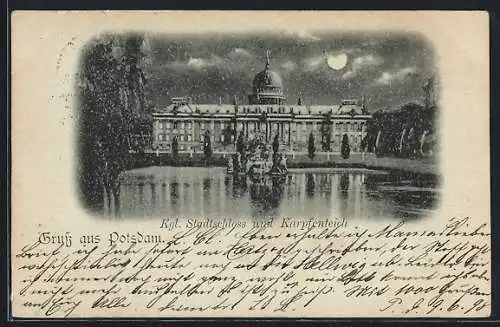 Mondschein-AK Potsdam, Kgl. Stadtschloss und Karpfenteich